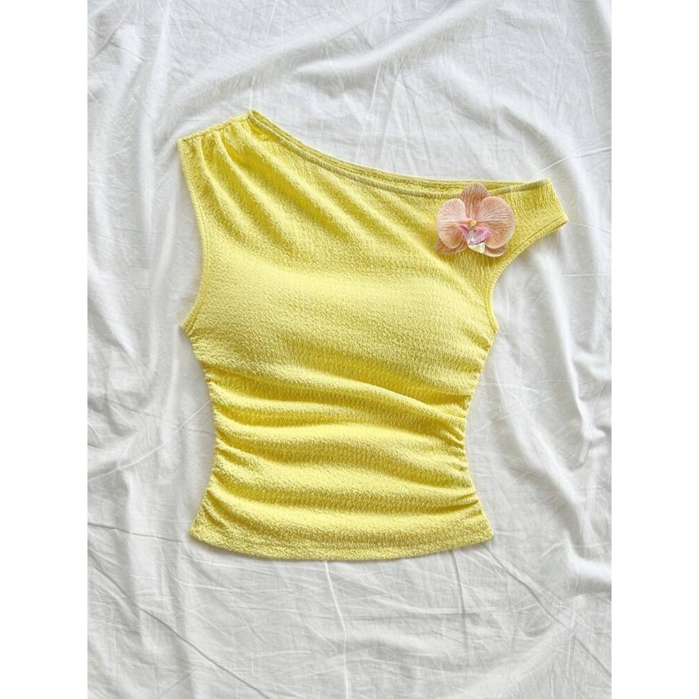 SHEIN Yellow One Shoulder Ruched Crinkle Top with Pink Orchid
